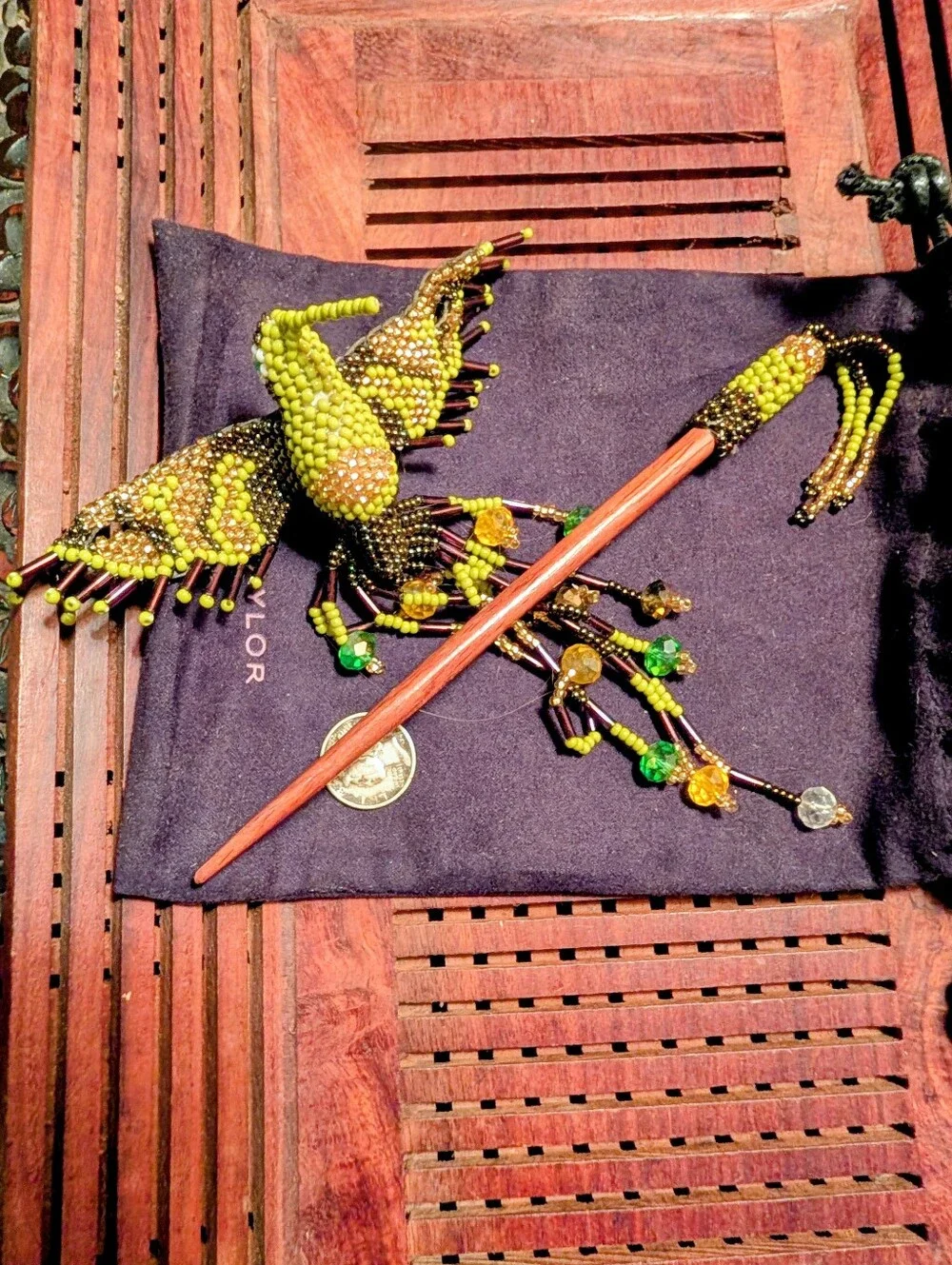 Handmade Beaded Green & Gold Hummingbird Hair Stick Accessory